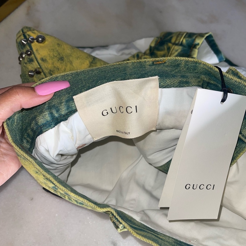 Gucci Washed Studded And Tiger Embroidered Denim Shorts in Green/Yellow - Picture 10 of 13
